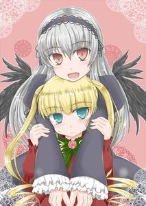 Rating: Safe Score: 0 Tags: 2girls black_wings blonde_hair blush dress frills hairband hug hug_from_behind image long_hair long_sleeves looking_at_viewer multiple_girls open_mouth pair pink_background red_dress red_eyes shinku silver_hair smile suigintou twintails wings User: admin