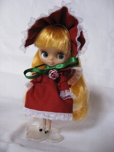 Rating: Safe Score: 0 Tags: 1girl blonde_hair bloomers blue_eyes bow doll dress flower long_hair long_sleeves looking_at_viewer photo red_dress rose shinku shoes solo standing User: admin