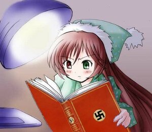 Rating: Safe Score: 0 Tags: 1girl blush book brown_hair green_eyes hat heterochromia image long_hair long_sleeves open_book reading red_eyes simple_background solo suiseiseki User: admin