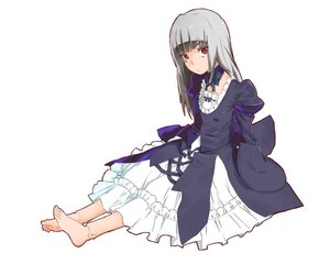 Rating: Safe Score: 0 Tags: 1girl auto_tagged barefoot bow dress frills full_body image long_hair long_sleeves looking_at_viewer red_eyes silver_hair sitting solo striped suigintou User: admin