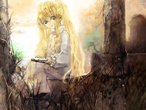 Rating: Safe Score: 0 Tags: 1girl blonde_hair dress holding image long_hair long_sleeves outdoors shinku sitting solo tree very_long_hair User: admin