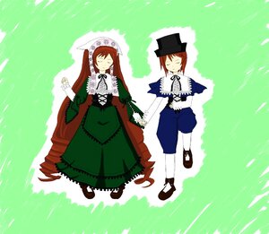 Rating: Safe Score: 0 Tags: 1boy 2girls brown_hair closed_eyes dress frills hat holding_hands image long_hair long_sleeves multiple_girls pair pantyhose short_hair siblings smile souseiseki suiseiseki twins very_long_hair User: admin