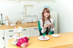 Rating: Safe Score: 0 Tags: 1girl brown_hair dress flower food green_dress indoors kitchen knife long_hair plate solo suiseiseki table User: admin