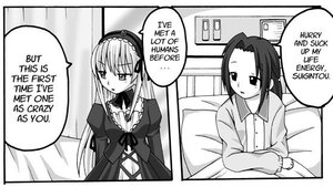 Rating: Safe Score: 0 Tags: 2girls bed blush comic english_text frills greyscale hairband long_hair long_sleeves monochrome multiple_girls sitting User: admin