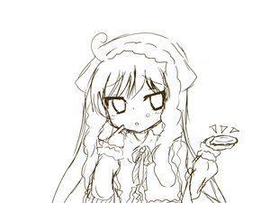 Rating: Safe Score: 0 Tags: 1girl ahoge blush dress eyebrows_visible_through_hair greyscale image long_hair long_sleeves monochrome simple_background solo suiseiseki veil white_background User: admin