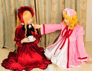 Rating: Safe Score: 0 Tags: 2girls blonde_hair bonnet bow closed_eyes cup curtains dress flower food long_hair long_sleeves multiple_cosplay multiple_girls pink_bow rose siblings sisters sitting tagme tea teacup twins User: admin