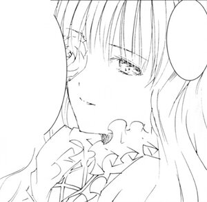 Rating: Safe Score: 0 Tags: 1girl bangs closed_mouth frills greyscale image kirakishou long_hair looking_at_viewer monochrome simple_background smile solo white_background User: admin