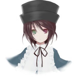 Rating: Safe Score: 0 Tags: 1girl bangs black_headwear black_ribbon brown_hair closed_mouth green_eyes hat heterochromia image long_sleeves looking_at_viewer neck_ribbon red_eyes ribbon short_hair simple_background solo souseiseki striped striped_background upper_body vertical_stripes white_background User: admin
