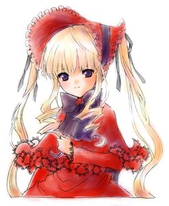 Rating: Safe Score: 0 Tags: 1girl blonde_hair blue_eyes blush bonnet bow bowtie dress image long_hair long_sleeves looking_at_viewer red_dress shinku simple_background solo twintails upper_body white_background User: admin