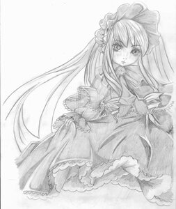 Rating: Safe Score: 0 Tags: 1girl bonnet bow dress frills greyscale image long_hair long_sleeves looking_at_viewer monochrome rose shinku solo traditional_media very_long_hair User: admin