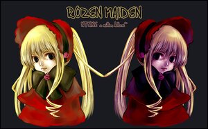 Rating: Safe Score: 0 Tags: blonde_hair blue_eyes bonnet bow expressionless flower image letterboxed long_hair long_sleeves looking_at_viewer multiple_girls red_dress shinku simple_background solo twintails User: admin