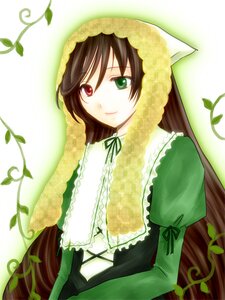 Rating: Safe Score: 0 Tags: 1girl brown_hair dress frills green_dress green_eyes head_scarf heterochromia image leaf long_hair long_sleeves looking_at_viewer plant red_eyes smile solo suiseiseki very_long_hair watering_can User: admin