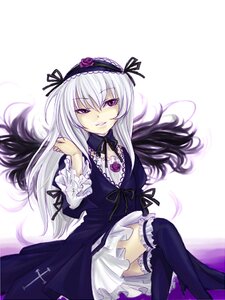 Rating: Safe Score: 0 Tags: 1girl black_legwear black_ribbon dress flower frills hairband image lolita_hairband long_hair long_sleeves looking_at_viewer pink_eyes ribbon rose silver_hair smile solo suigintou thighhighs wings User: admin