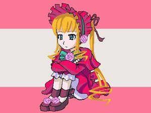 Rating: Safe Score: 0 Tags: 1girl bangs blonde_hair bonnet bow dress flower image long_sleeves looking_at_viewer pink_background red_dress rose shinku sitting solo User: admin