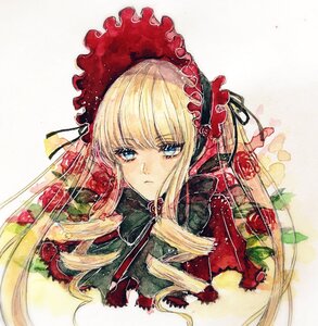 Rating: Safe Score: 0 Tags: 1girl bangs blonde_hair blue_eyes bonnet bow bowtie drill_hair flower food fruit image long_hair looking_at_viewer shinku solo traditional_media upper_body User: admin