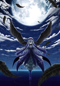 Rating: Safe Score: 0 Tags: 1girl angel_wings bird black_feathers black_wings cloud commentary_request dress ebisu_(amagi_seitetsujo) feathered_wings feathers frills hairband highres image long_hair looking_at_viewer moon night photoshop_(medium) pink_eyes rozen_maiden silver_hair sky solo suigintou water wings User: admin
