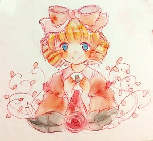 Rating: Safe Score: 0 Tags: 1girl blonde_hair blue_eyes bow cup eyebrows_visible_through_hair flower heart hina_ichigo hinaichigo image lily_of_the_valley long_sleeves looking_at_viewer medicine_melancholy puffy_sleeves ribbon rose short_hair simple_background smile solo teacup traditional_media wide_sleeves User: admin