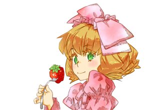 Rating: Safe Score: 0 Tags: 1girl blonde_hair bow food fruit green_eyes hair_bow hina_ichigo hinaichigo holding image pink_bow short_hair smile solo strawberry striped User: admin