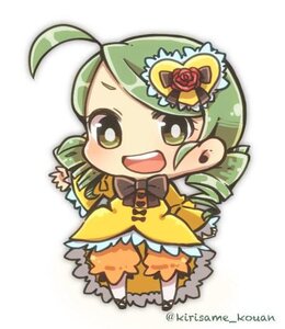 Rating: Safe Score: 0 Tags: 1girl ahoge bow bowtie chibi dress drill_hair flower full_body green_eyes green_hair image kanaria open_mouth simple_background smile solo standing twin_drills twitter_username white_background User: admin