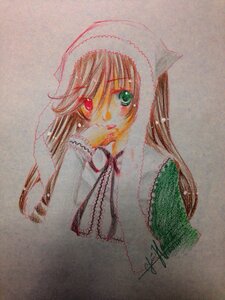 Rating: Safe Score: 0 Tags: 1girl brown_hair green_eyes heterochromia image long_hair long_sleeves looking_at_viewer photo red_eyes simple_background solo suiseiseki traditional_media upper_body watercolor_(medium) User: admin