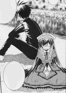 Rating: Safe Score: 0 Tags: 1boy 1girl blush closed_eyes dress frills full_moon greyscale image long_hair long_sleeves monochrome moon sitting solo suiseiseki very_long_hair User: admin