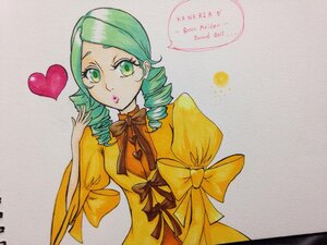 Rating: Safe Score: 0 Tags: 1girl bow dress drill_hair green_eyes green_hair heart image juliet_sleeves kanaria long_sleeves solo speech_bubble traditional_media twin_drills User: admin