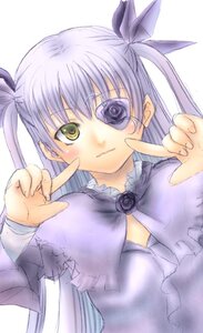 Rating: Safe Score: 0 Tags: 1girl barasuishou blush dress eyepatch flower hair_ribbon image index_finger_raised long_hair long_sleeves looking_at_viewer pointing purple_hair ribbon rose silver_hair solo striped two_side_up upper_body vertical_stripes white_background yellow_eyes User: admin