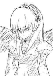 Rating: Safe Score: 0 Tags: 1girl auto_tagged bangs breasts closed_mouth eyebrows_visible_through_hair greyscale hair_between_eyes hairband image long_hair long_sleeves looking_at_viewer monochrome simple_background sketch smile solo suigintou upper_body very_long_hair white_background User: admin