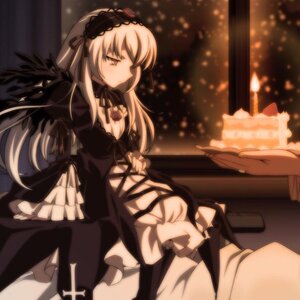 Rating: Safe Score: 0 Tags: 1girl cake candle chair detached_collar dress frills hairband holding image long_hair long_sleeves pink_eyes ribbon rose silver_hair sitting solo suigintou wings User: admin