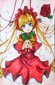 Rating: Safe Score: 0 Tags: 1girl blonde_hair blue_eyes bonnet bow dress flower frills green_bow image long_hair looking_at_viewer marker_(medium) petals photo red_dress red_flower red_rose rose rose_petals shinku solo traditional_media twintails User: admin