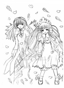 Rating: Safe Score: 0 Tags: 2girls dress feathers full_body greyscale hairband image lineart lolita_hairband long_hair long_sleeves looking_at_viewer monochrome multiple_girls pair petals shinku standing suigintou twintails very_long_hair User: admin