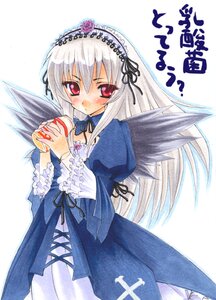 Rating: Safe Score: 0 Tags: 1girl black_ribbon blush detached_collar dress flower frills hairband holding image long_hair long_sleeves looking_at_viewer red_eyes ribbon silver_hair simple_background solo standing suigintou traditional_media white_background wings User: admin