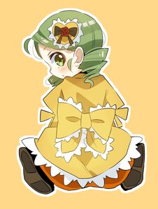 Rating: Safe Score: 0 Tags: 1girl blush boots bow brown_footwear drill_hair full_body green_eyes green_hair image kanaria long_sleeves looking_back orange_background outline simple_background solo twin_drills white_outline User: admin