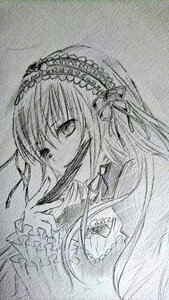 Rating: Safe Score: 0 Tags: 1girl dress frills greyscale hairband image long_hair long_sleeves looking_at_viewer monochrome ribbon solo suigintou traditional_media User: admin