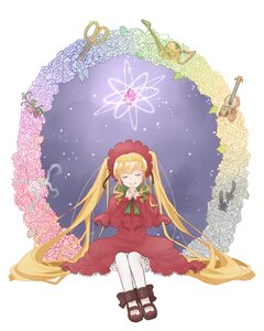 Rating: Safe Score: 0 Tags: 1girl blonde_hair bonnet bow closed_eyes dress flower image long_hair red_dress rose shinku shoes sitting smile solo twintails very_long_hair white_legwear User: admin