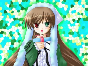Rating: Safe Score: 0 Tags: 1girl argyle_background blush brown_hair chain-link_fence checkered_background dress fence frills gift green_dress green_eyes heterochromia hexagon holding_gift honeycomb_(pattern) honeycomb_background image long_hair long_sleeves looking_at_viewer open_mouth plaid_background red_eyes ribbon solo suiseiseki very_long_hair User: admin