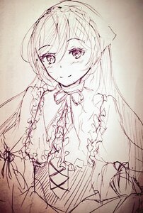 Rating: Safe Score: 0 Tags: 1girl blush closed_mouth dress eyebrows_visible_through_hair frills image long_hair long_sleeves looking_at_viewer monochrome ribbon sketch smile solo suiseiseki traditional_media upper_body User: admin