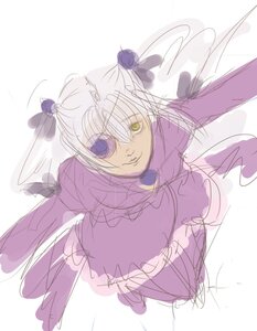 Rating: Safe Score: 0 Tags: 1girl barasuishou closed_mouth flower hair_flower hair_ornament image looking_at_viewer puffy_sleeves sketch smile solo striped veil white_background yellow_eyes User: admin