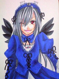 Rating: Safe Score: 0 Tags: 1girl black_wings blue_dress dress frills hairband image long_hair long_sleeves looking_at_viewer marker_(medium) one_eye_closed red_eyes silver_hair simple_background smile solo suigintou traditional_media wings User: admin