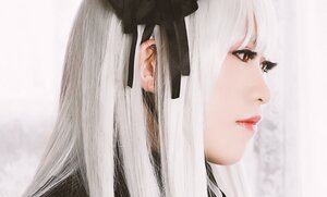 Rating: Safe Score: 0 Tags: 1girl bangs blood closed_mouth eyelashes face lips long_hair nose piercing portrait profile red_lips red_lipstick simple_background solo suigintou white_hair User: admin