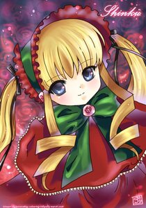 Rating: Safe Score: 0 Tags: 1girl blonde_hair blue_eyes blush bonnet bow bowtie dress drill_hair flower green_bow green_neckwear image long_hair long_sleeves looking_at_viewer pink_rose red_dress rose shinku sidelocks signature smile solo twintails User: admin