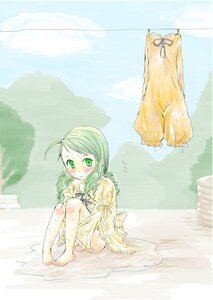 Rating: Safe Score: 0 Tags: 1girl ahoge auto_tagged barefoot blush dress green_eyes green_hair image kanaria outdoors see-through sitting solo underwear water wet wet_clothes User: admin