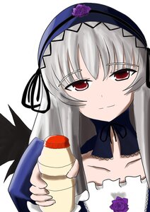 Rating: Safe Score: 0 Tags: 1girl black_wings choker detached_collar dress flower frills hairband holding image lolita_hairband long_hair long_sleeves looking_at_viewer red_eyes ribbon rose silver_hair simple_background smile solo suigintou upper_body white_background wings User: admin