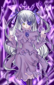 Rating: Safe Score: 0 Tags: 1girl barasuishou boots dress eyepatch frills hair_ribbon image long_hair long_sleeves looking_at_viewer purple_dress ribbon silver_hair solo standing very_long_hair yellow_eyes User: admin