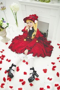 Rating: Safe Score: 0 Tags: 1girl blonde_hair dress flower hat long_hair petals red_flower rose shinku solo striped traditional_media User: admin