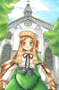 Rating: Safe Score: 0 Tags: 1girl blue_sky brown_hair building cloud day dress frills green_dress green_eyes head_scarf heterochromia image long_hair long_sleeves looking_at_viewer outdoors red_eyes sky smile solo suiseiseki traditional_media tree very_long_hair User: admin