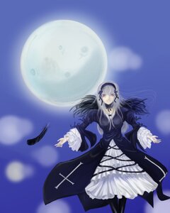 Rating: Safe Score: 0 Tags: 1girl black_wings dress feathers flower frills full_moon hairband image lolita_hairband long_hair long_sleeves moon night red_eyes silver_hair solo suigintou wings User: admin