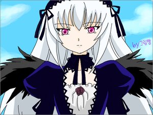 Rating: Safe Score: 0 Tags: 1girl black_wings detached_collar dress feathered_wings flower hairband image long_hair long_sleeves looking_at_viewer pink_eyes puffy_sleeves silver_hair sky solo suigintou upper_body wings User: admin