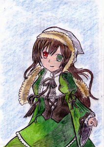 Rating: Safe Score: 0 Tags: 1girl brown_hair dress frills green_dress green_eyes hat heterochromia image long_hair long_sleeves looking_at_viewer red_eyes ribbon solo standing suiseiseki very_long_hair User: admin