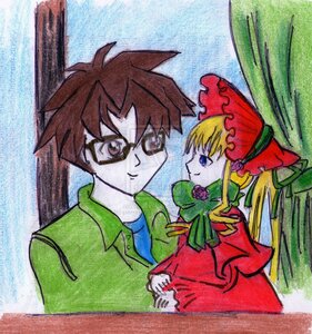 Rating: Safe Score: 0 Tags: 1boy 1girl blonde_hair blue_eyes bonnet bow bowtie brown_hair dress flower glasses green_dress image long_hair long_sleeves red_dress rose shinku smile solo User: admin